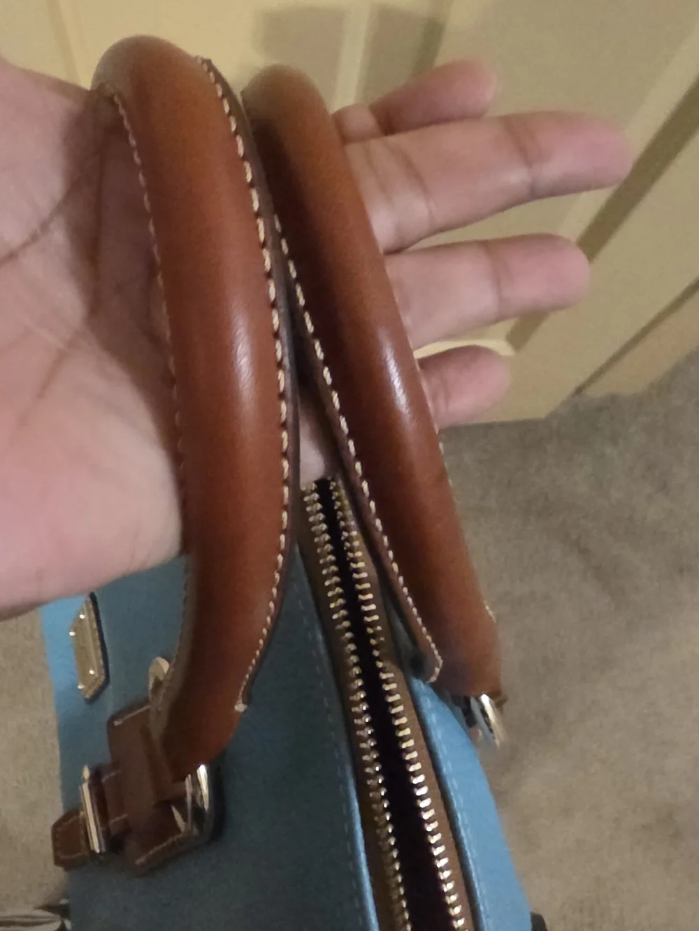 Dooney & Bourke Sky Blue Pebbled Leather Satchel with Brown Trim